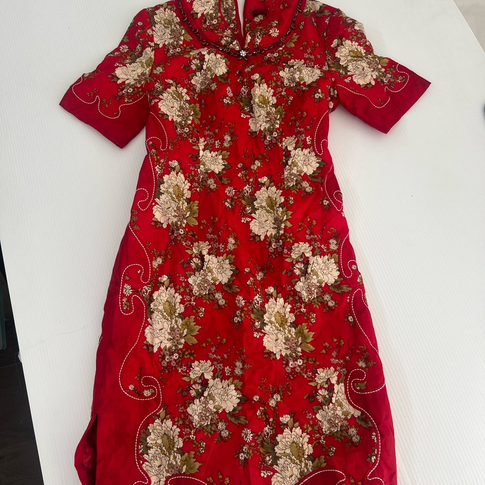 Tang Chao Red Floral Qipao Cheongsam Dress Cotton Mandarin Collar Size M - Picture 7 of 10